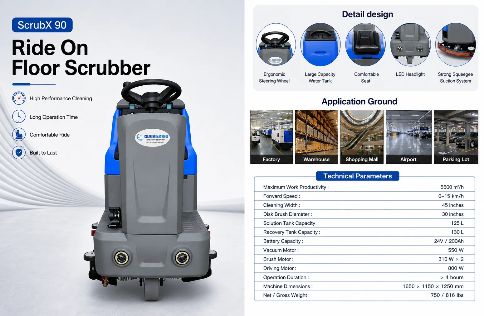 Ride-on floor scrubber brochure layout